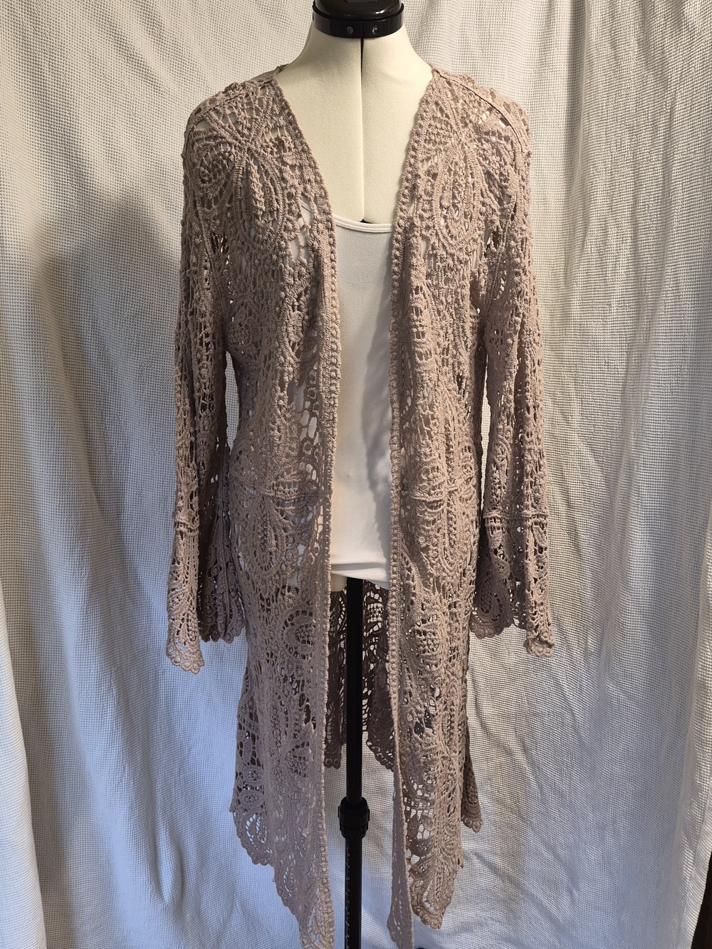 Bluivy Dusty Taupe Crochet Longline Open-Front Cardigan